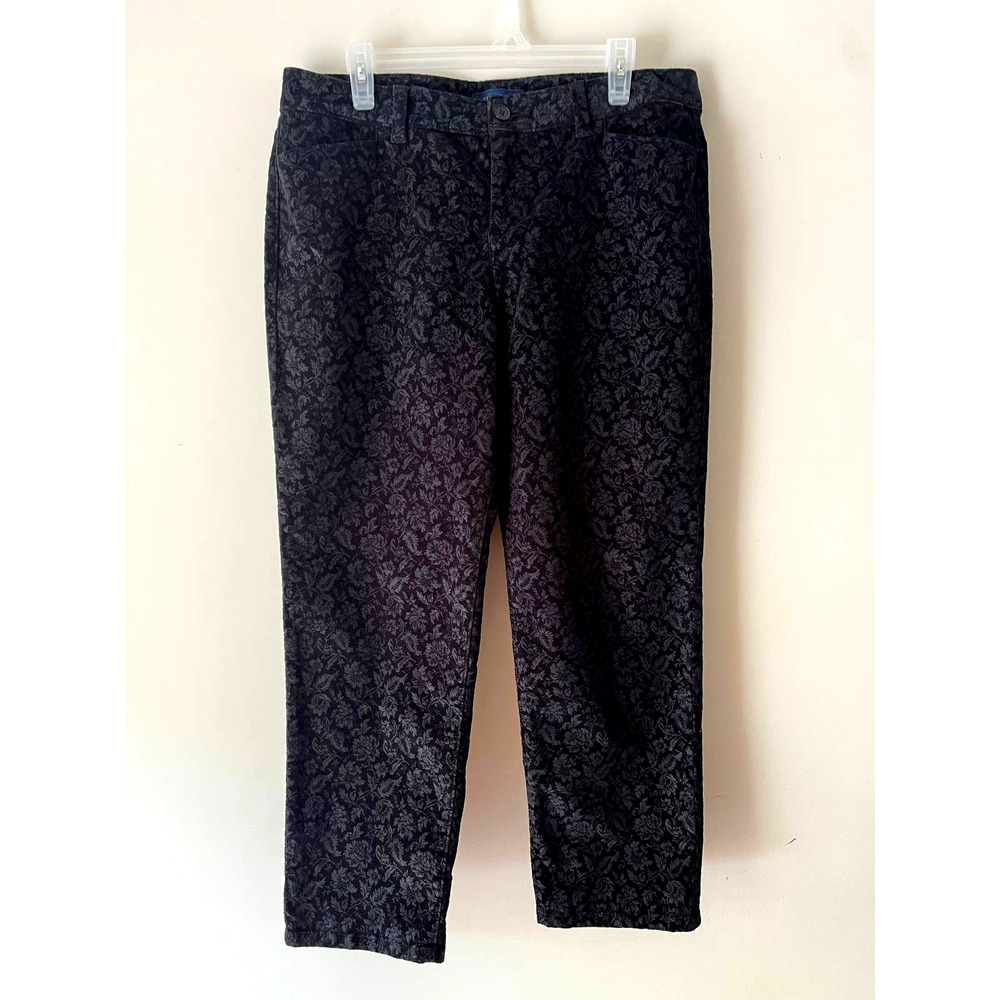 Talbots Womens Petites 14P Straight Leg Black Pants Suede Floral Print